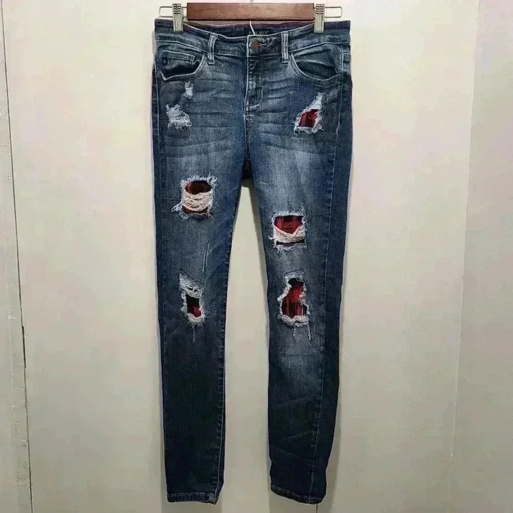 Judy Blue Distressed Buffalo Plaid Skinny Jeans Size 9/29 - Picture 1 of 15